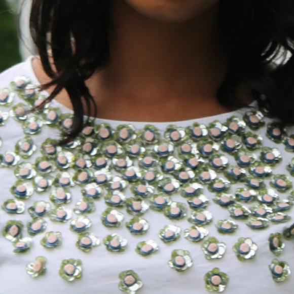 SOLD - New Anthropologie, Not So Serious, poplin beaded top, LARGE - Picture 7 of 9